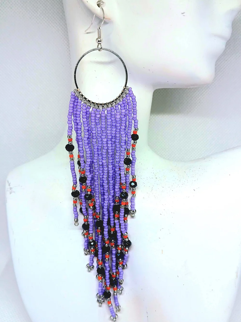 Purple Seed Bead Fringe Hoop Earrings - HANDMADE